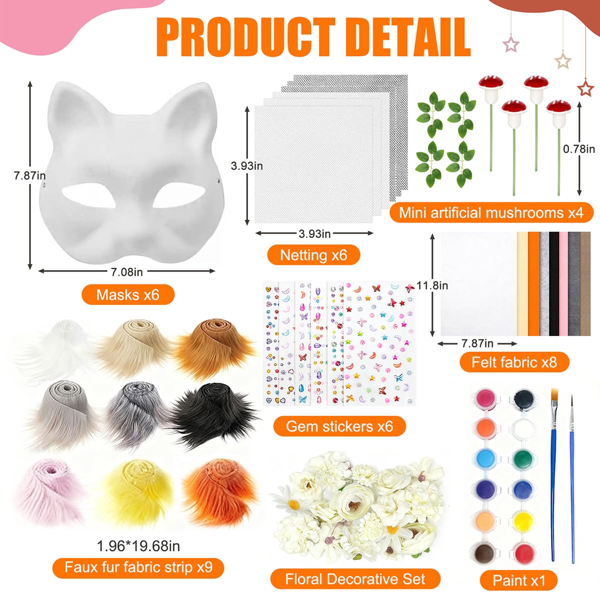 WAYNHUI DIY Therian Mask Kit - Blank Cat Mask Base with Felt, Fur, Mesh, Gem Stickers for Halloween, Cosplay & Masquerade