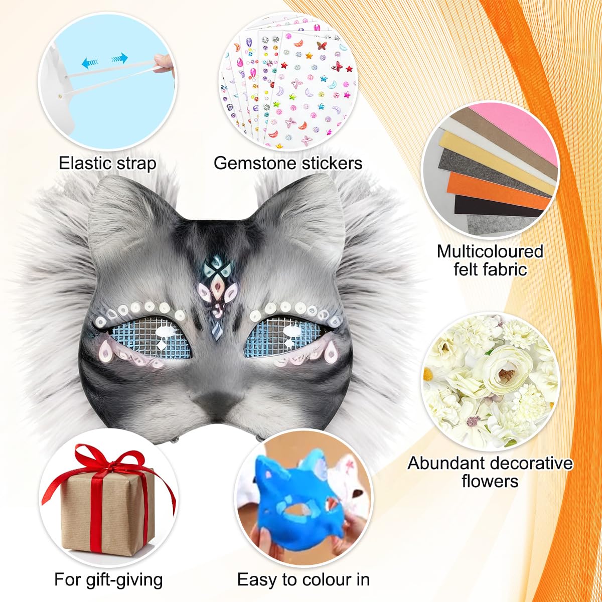 WAYNHUI DIY Therian Mask Kit - Blank Cat Mask Base with Felt, Fur, Mesh, Gem Stickers for Halloween, Cosplay & Masquerade