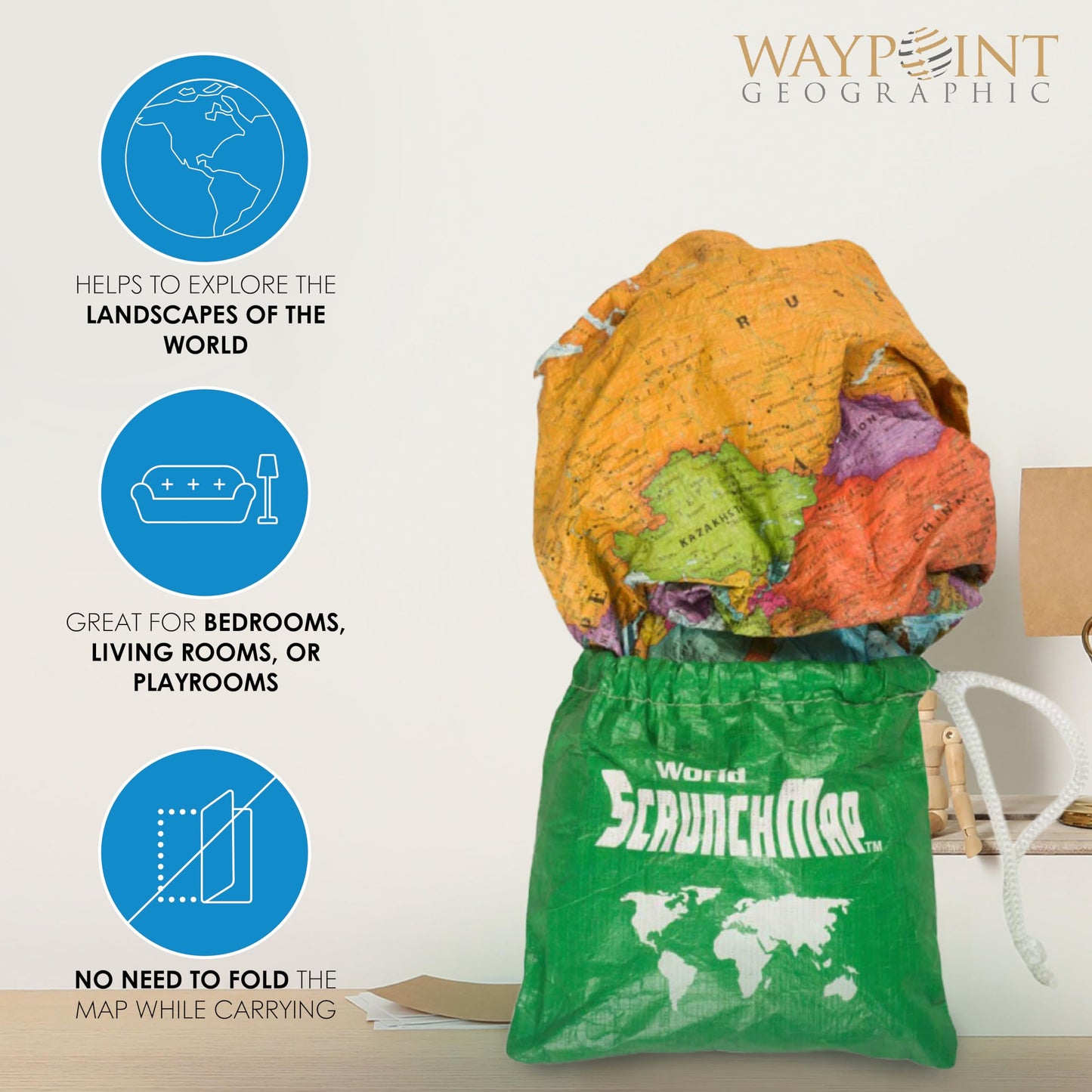 Waypoint Geographic ScrunchMap: Portable World Map, Tear-Resistant & Eco-Conscious Gift (24x36)