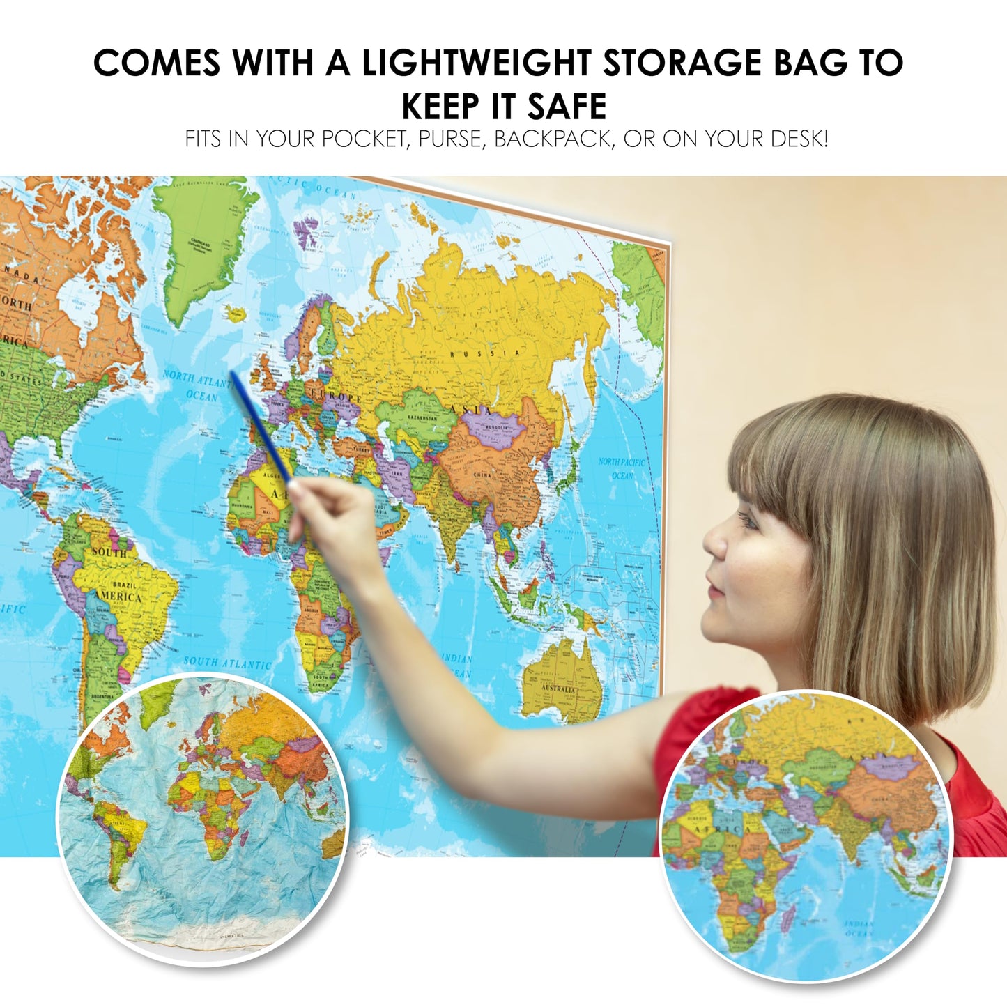 Waypoint Geographic ScrunchMap: Portable World Map, Tear-Resistant & Eco-Conscious Gift (24x36)