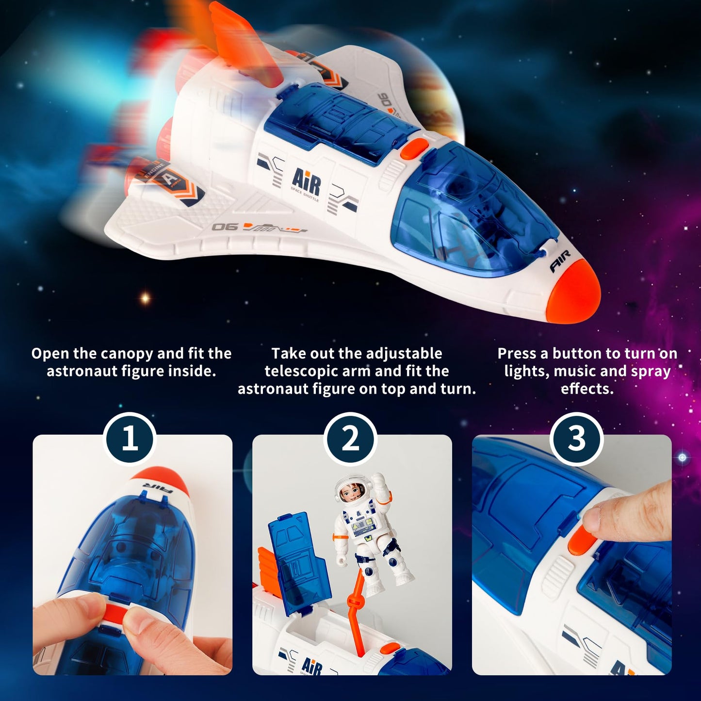 Wbzle Spaceship Shuttle Toy with Astronaut Figure – Lights, Spray & Sound Space Toy for Kids 3-8