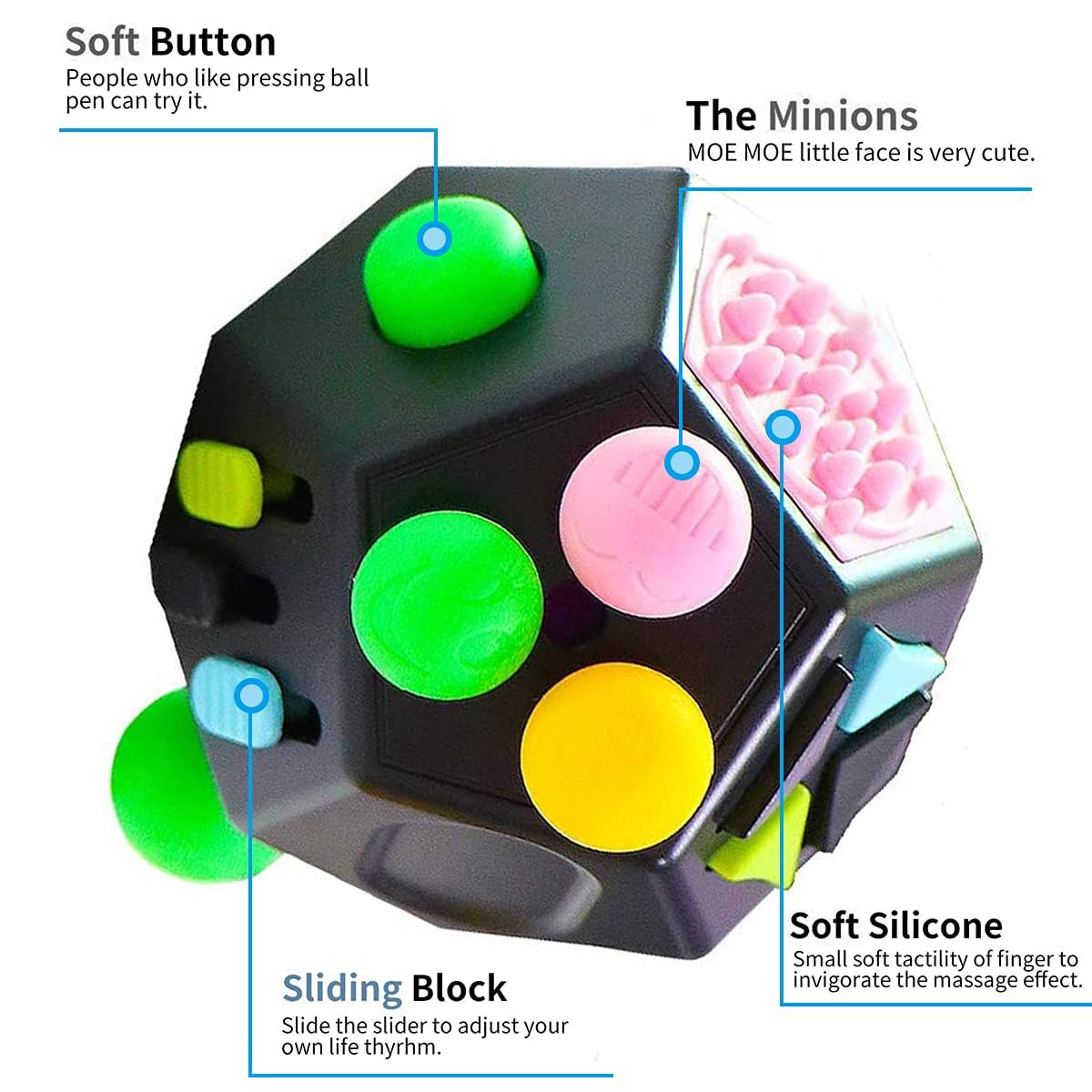 WCZCBOYA 12-Sided Cube Toy – Fidget Cube for Stress Relief, Focus & Sensory Play (Black)