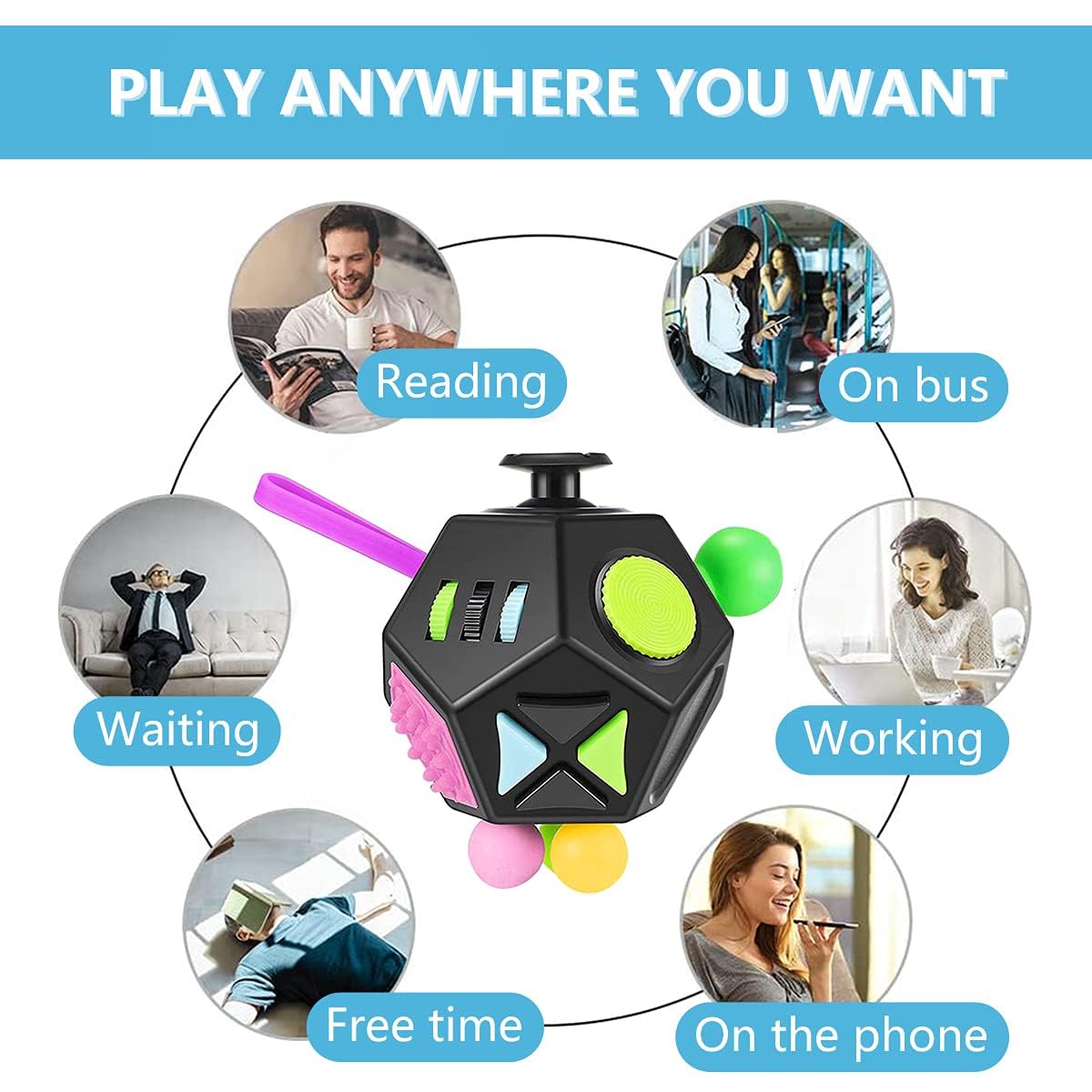 WCZCBOYA 12-Sided Cube Toy – Fidget Cube for Stress Relief, Focus & Sensory Play (Black)