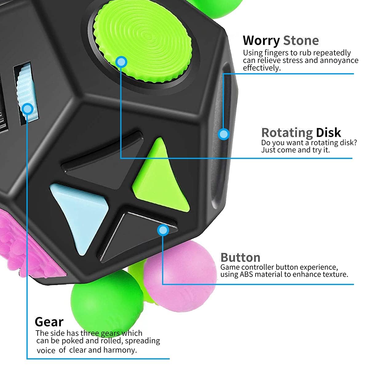 WCZCBOYA 12-Sided Cube Toy – Fidget Cube for Stress Relief, Focus & Sensory Play (Black)