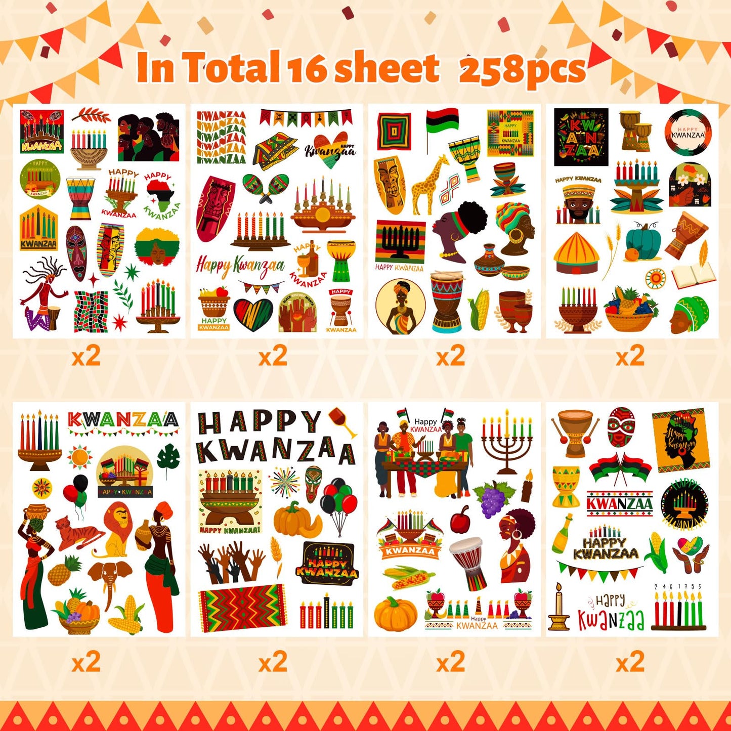 WDAHDHP Kwanzaa Stickers for Kids – 258 Pcs Self-Adhesive Craft Stickers for Party Favors