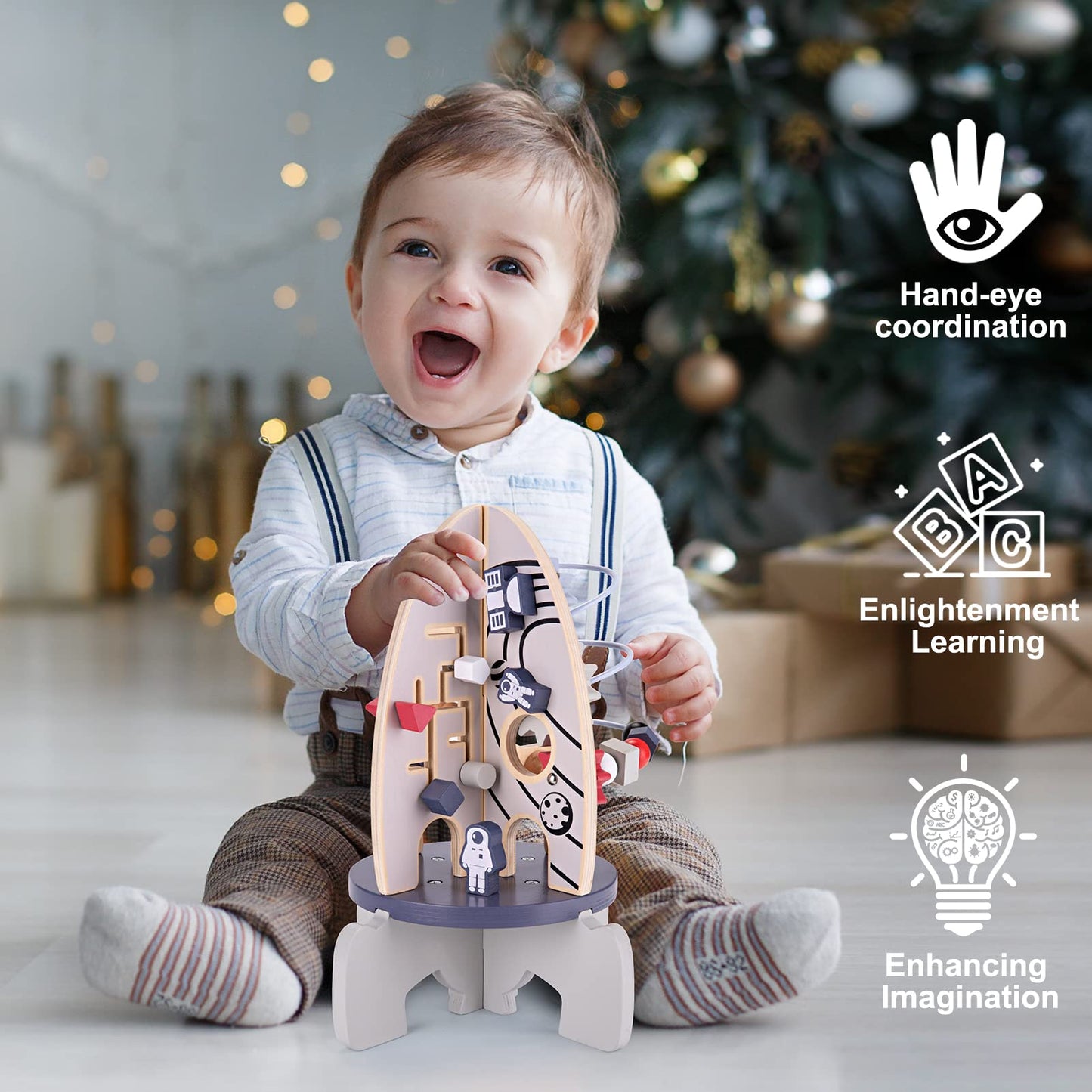 Wdmiya Space Wooden Activity Cube — 4-in-1 Montessori Rocket Toy for Babies 6-18 Months