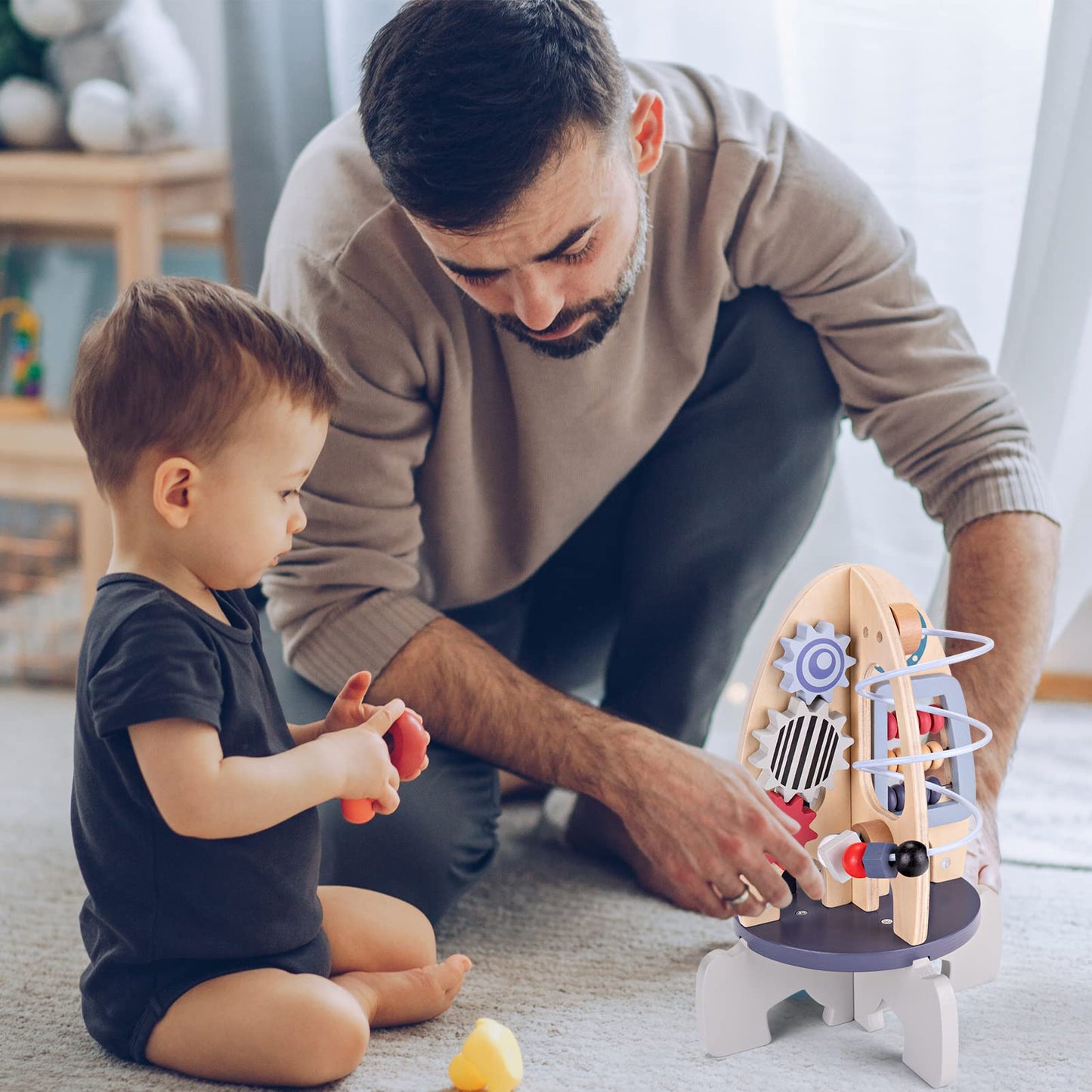 Wdmiya Space Wooden Activity Cube — 4-in-1 Montessori Rocket Toy for Babies 6-18 Months