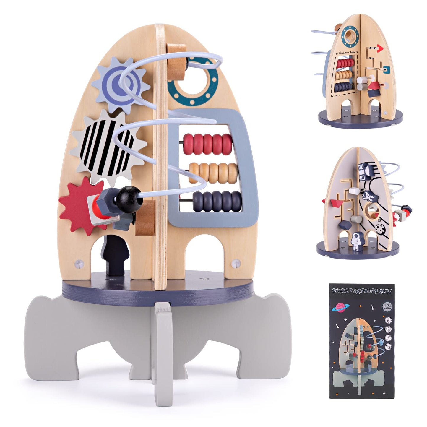 Wdmiya Space Wooden Activity Cube — 4-in-1 Montessori Rocket Toy for Babies 6-18 Months