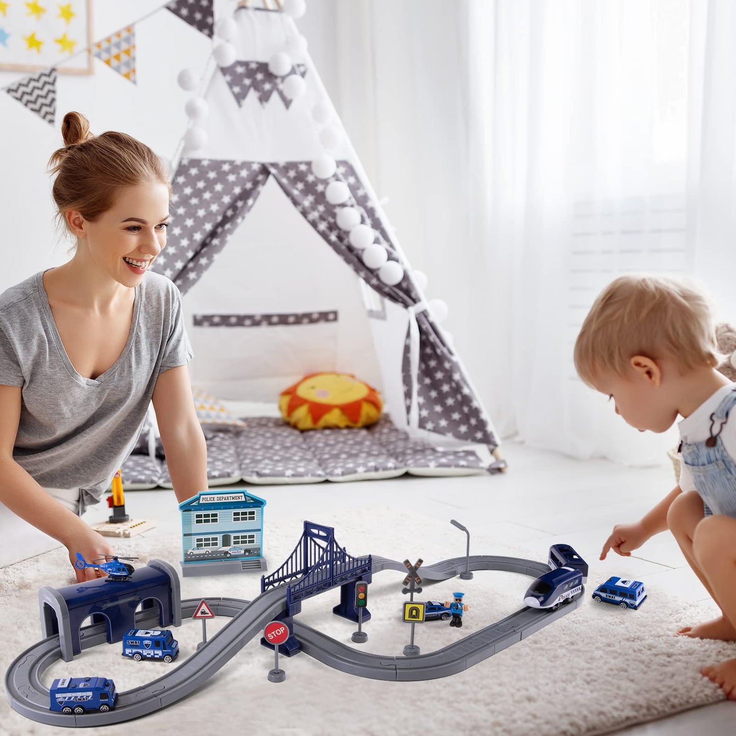 Wdmiya 66-Piece Police Train Set with Battery Engine & Magnetic Tracks – Brio/Thomas Compatible