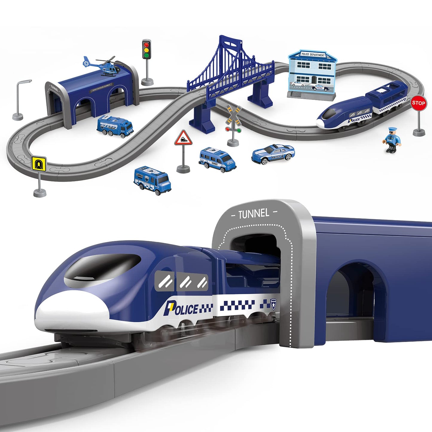 Wdmiya 66-Piece Police Train Set with Battery Engine & Magnetic Tracks – Brio/Thomas Compatible