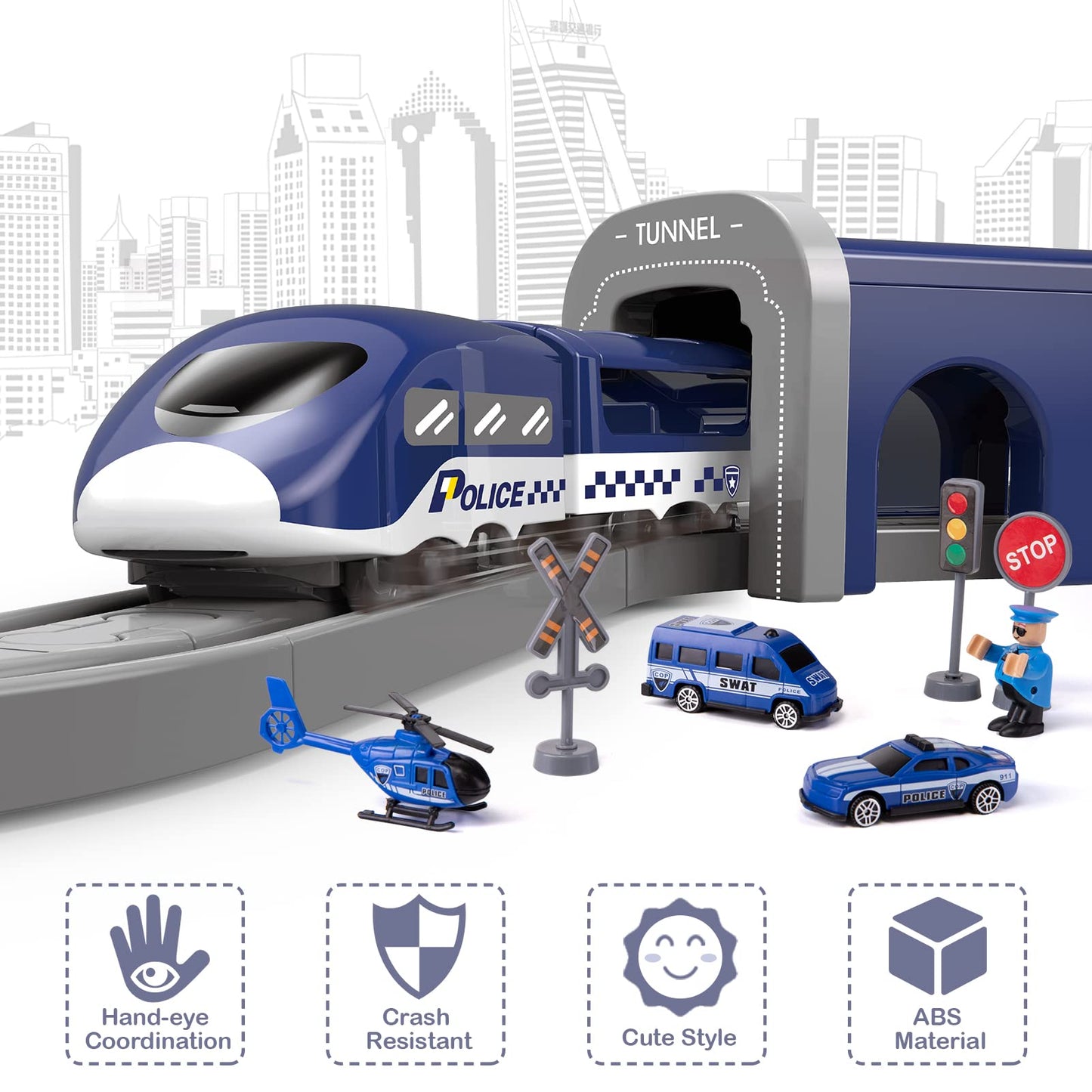 Wdmiya 66-Piece Police Train Set with Battery Engine & Magnetic Tracks – Brio/Thomas Compatible