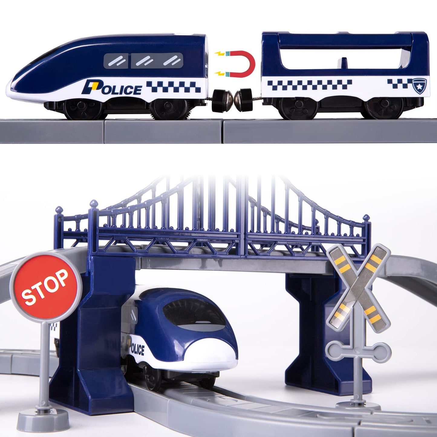 Wdmiya 66-Piece Police Train Set with Battery Engine & Magnetic Tracks – Brio/Thomas Compatible
