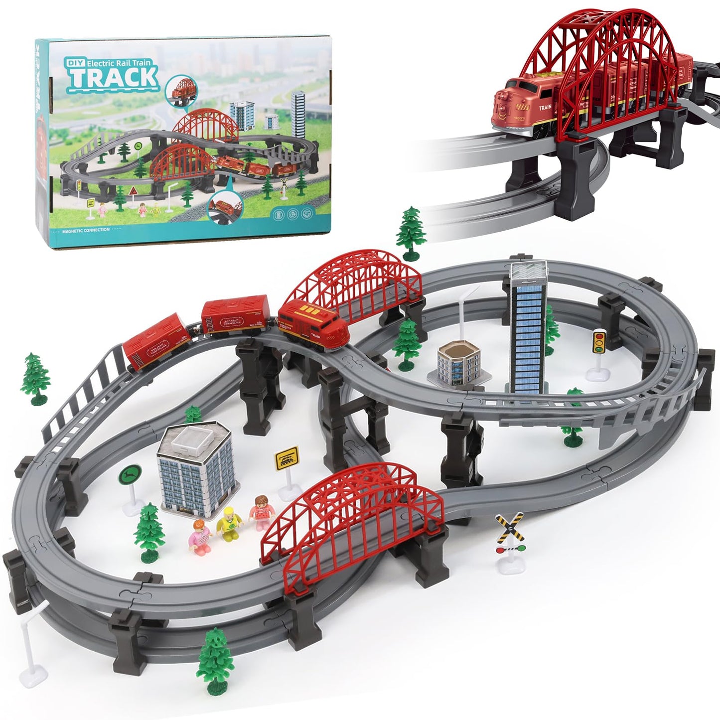 Wdmiya Forest Train Set – 128-Piece Battery-Operated Tracks, Magnetic Couplings, Compatible with Thomas & Brio
