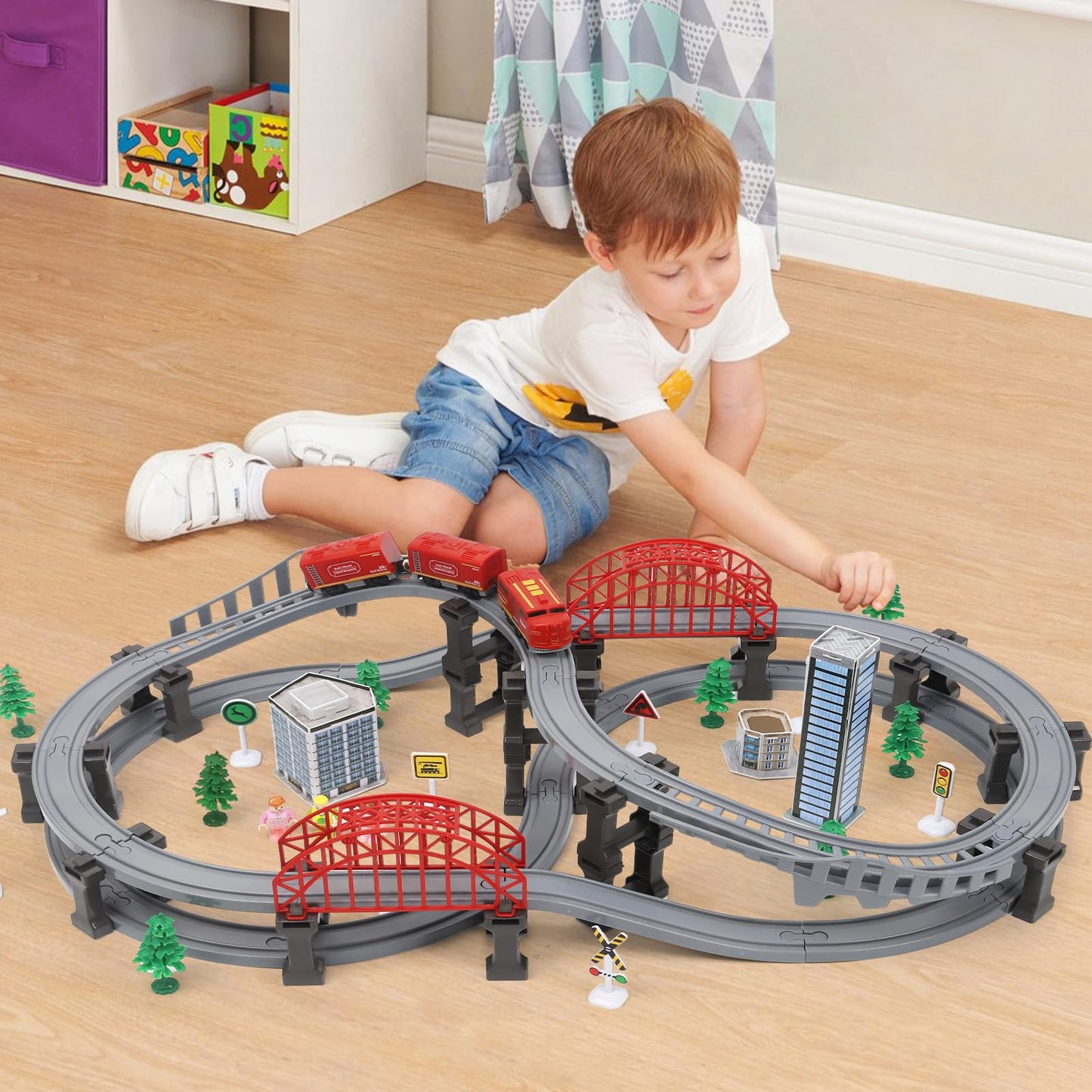Wdmiya Forest Train Set – 128-Piece Battery-Operated Tracks, Magnetic Couplings, Compatible with Thomas & Brio