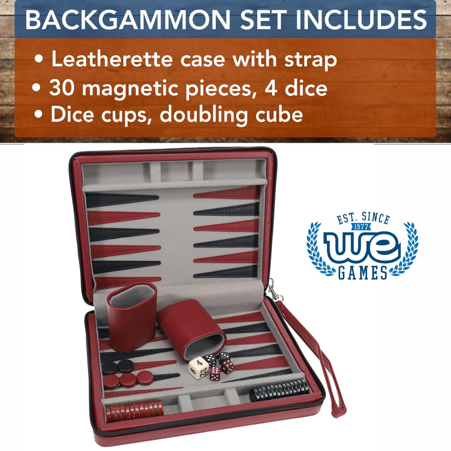 WE Games Backgammon Set – Magnetic Travel Board with Burgundy Leatherette & Carrying Strap