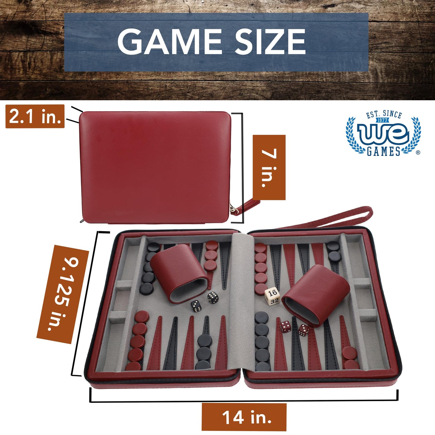 WE Games Backgammon Set – Magnetic Travel Board with Burgundy Leatherette & Carrying Strap