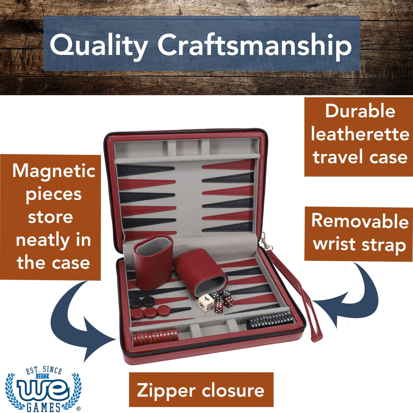 WE Games Backgammon Set – Magnetic Travel Board with Burgundy Leatherette & Carrying Strap