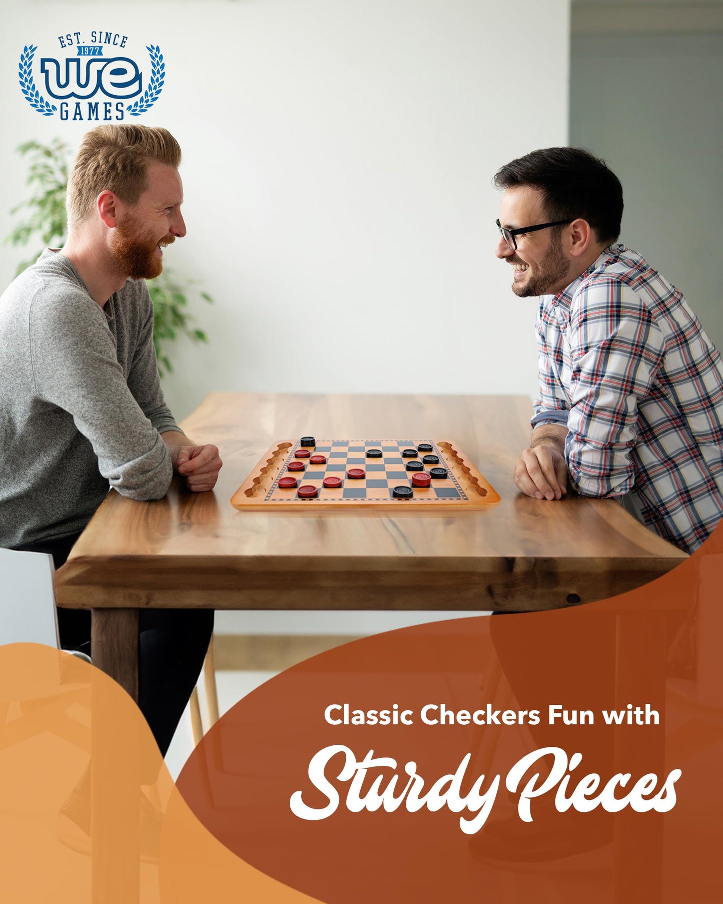 WE Games Solid Wood Checkers Board – 14.5-Inch Vintage Set with 24 Red and Black Pieces