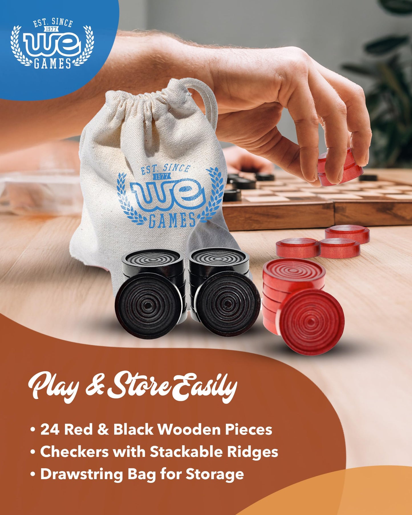 WE Games Wooden Checkers Pieces (24) – Red & Black, 1.5-inch Diameter with Drawstring Bag