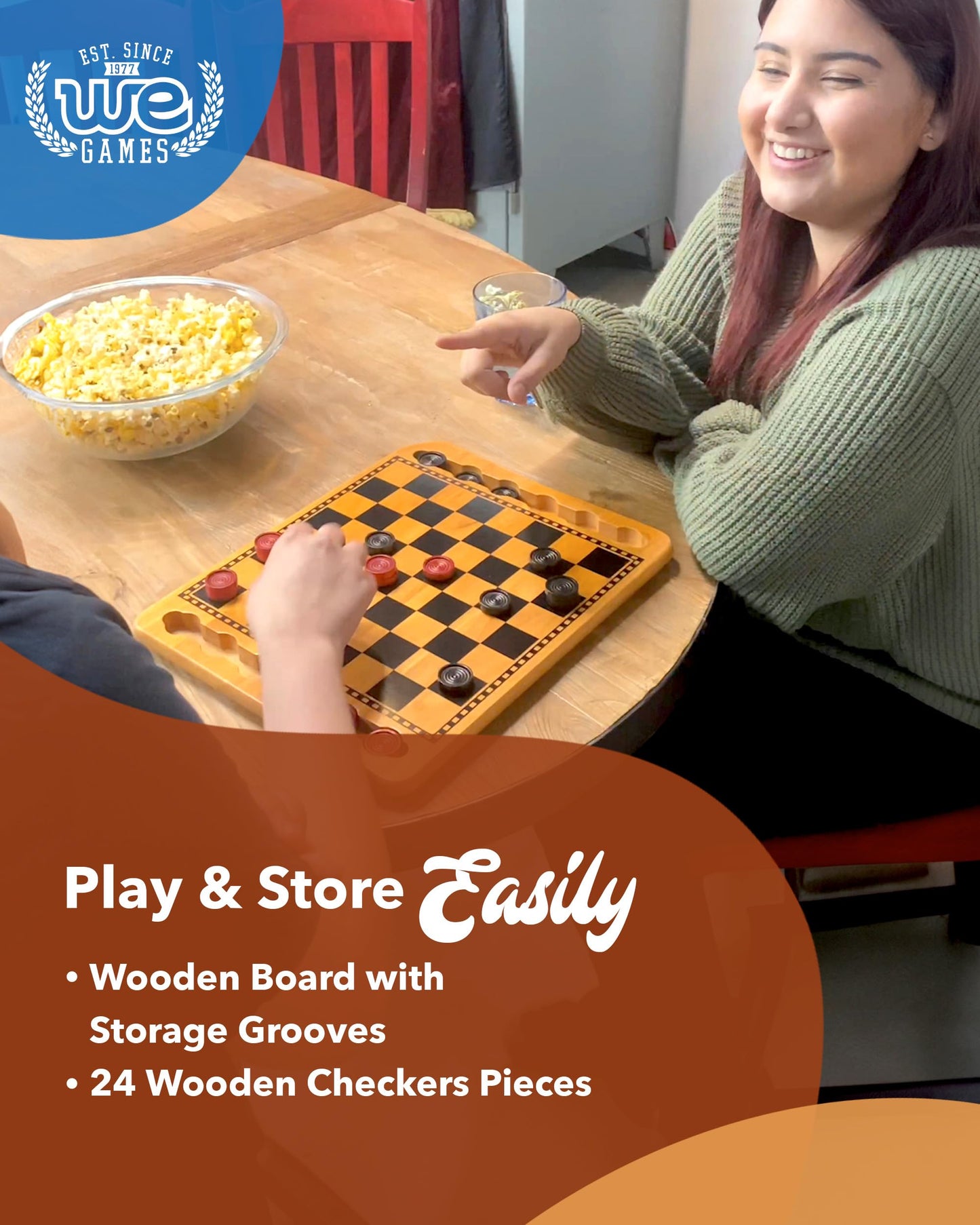 WE Games Solid Wood Checkers Board – 14.5-Inch Vintage Set with 24 Red and Black Pieces
