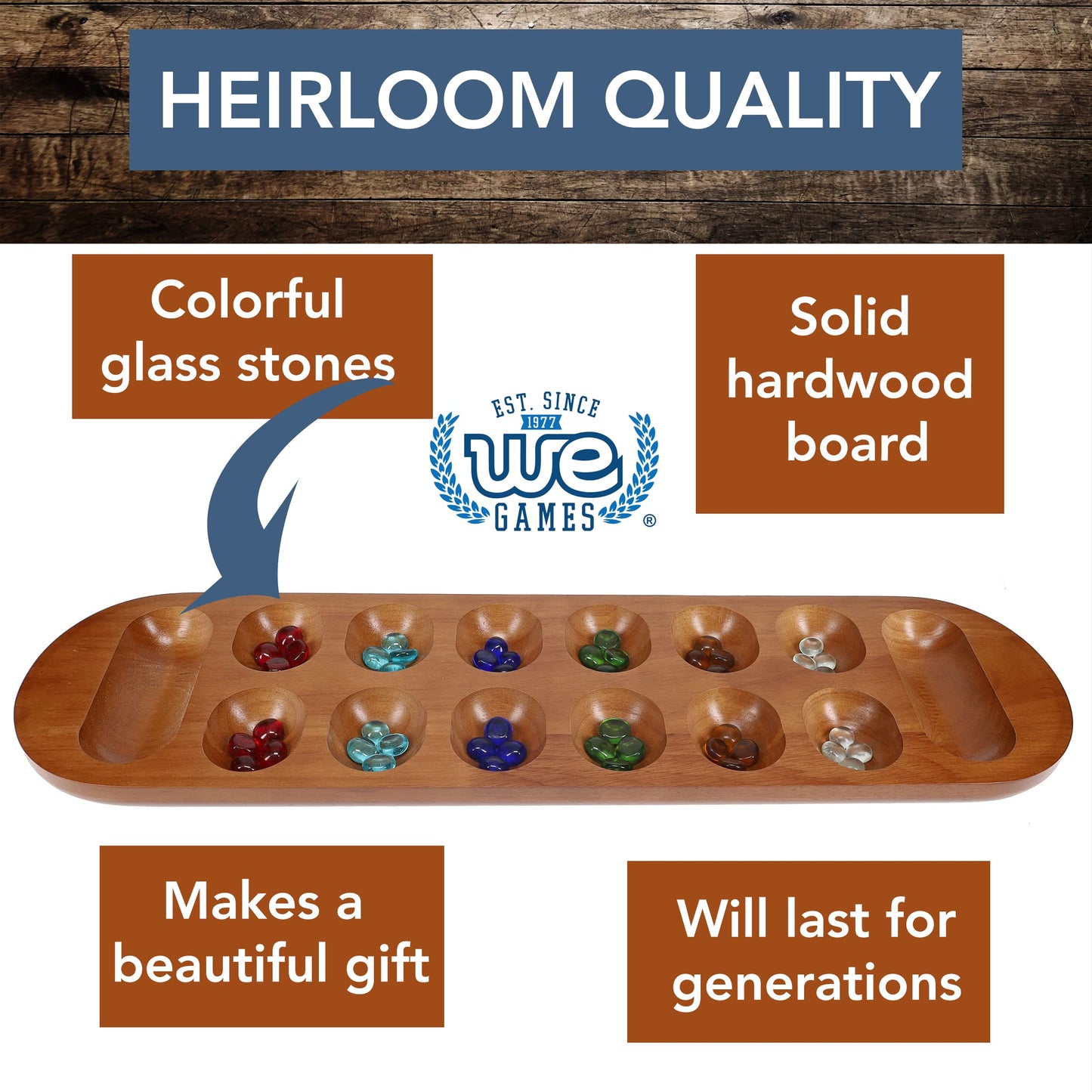 WE Games Coffee Table African Stone Game – Solid Wood with Walnut Stain