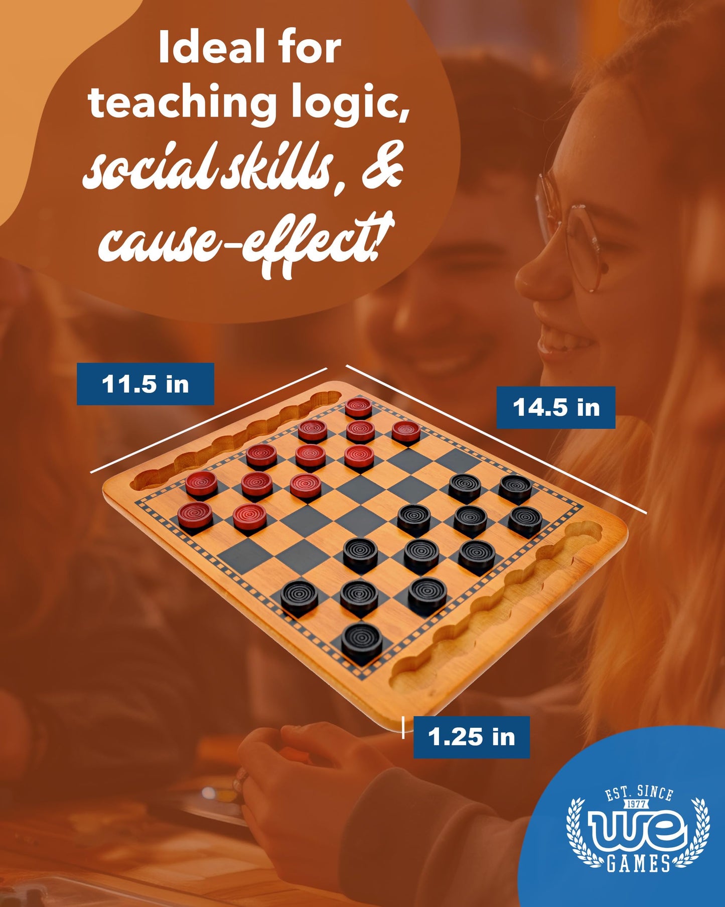 WE Games Solid Wood Checkers Board – 14.5-Inch Vintage Set with 24 Red and Black Pieces