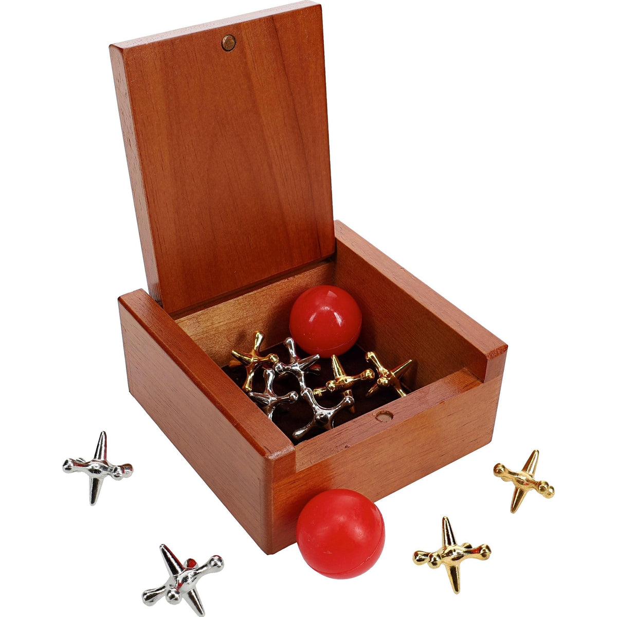 WE Games Metal Jacks Set – Classic Jacks with 2 Red Balls in Keepsake Wooden Box