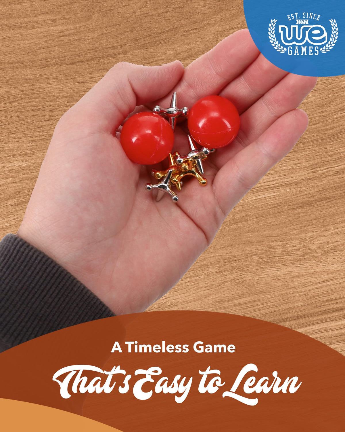 WE Games Metal Jacks Set – Classic Jacks with 2 Red Balls in Keepsake Wooden Box