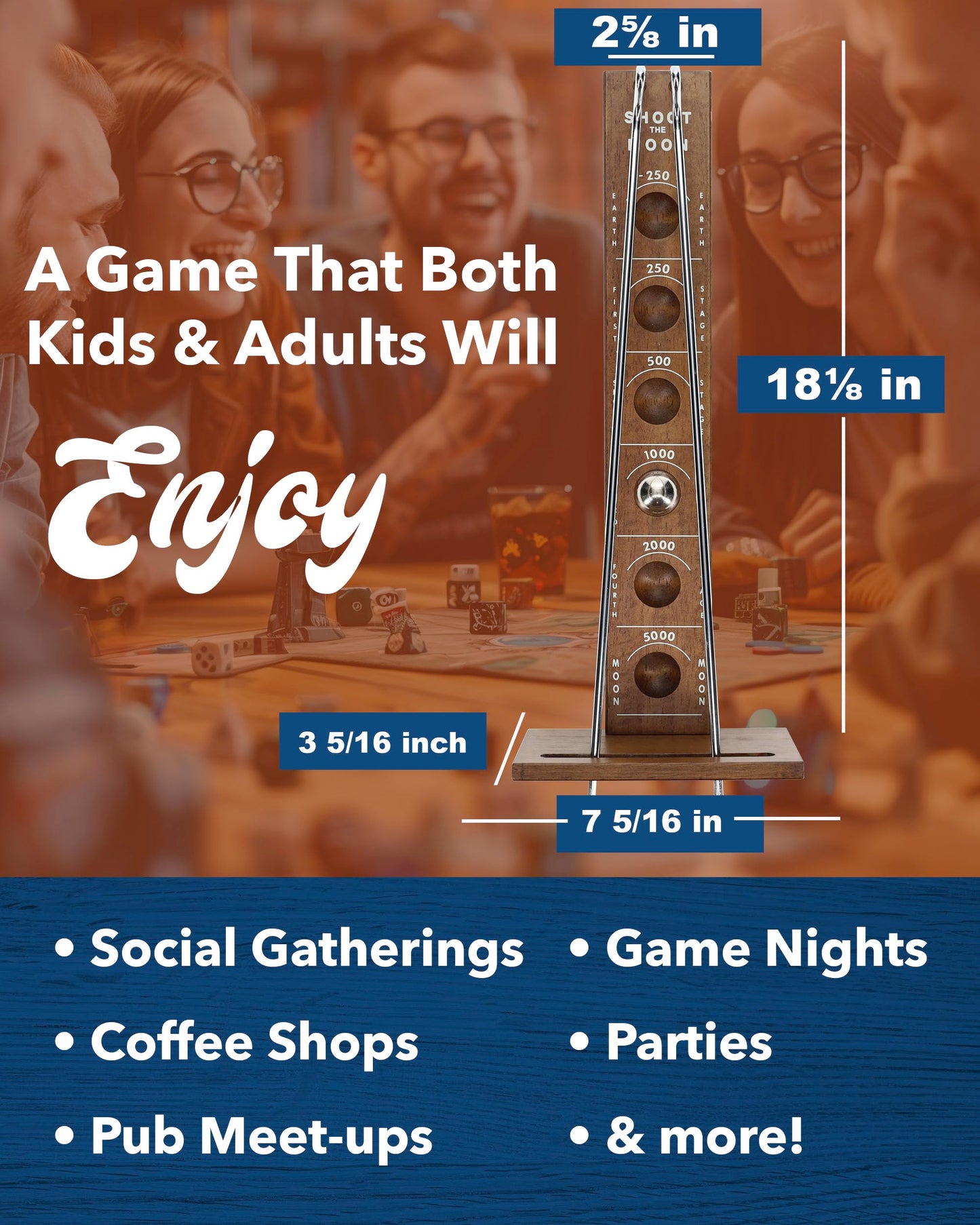 WE Games Shoot The Moon Game – Large 17.5-Inch Walnut Wood Tabletop Board for Adults