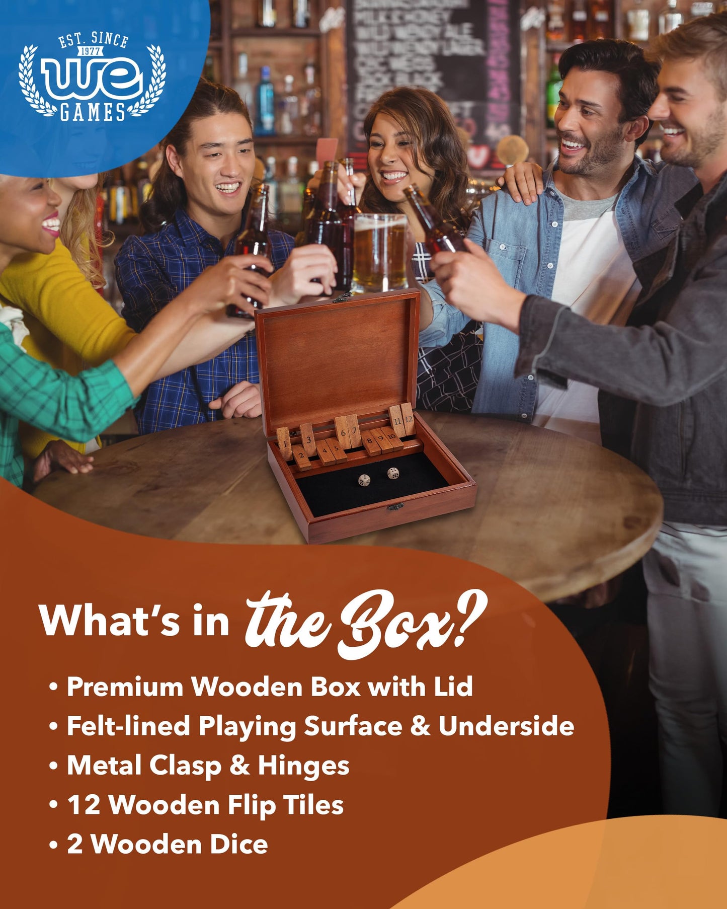 WE Games Shut-The-Box Board Game in Wooden Box with Dice | Classic Family Tabletop