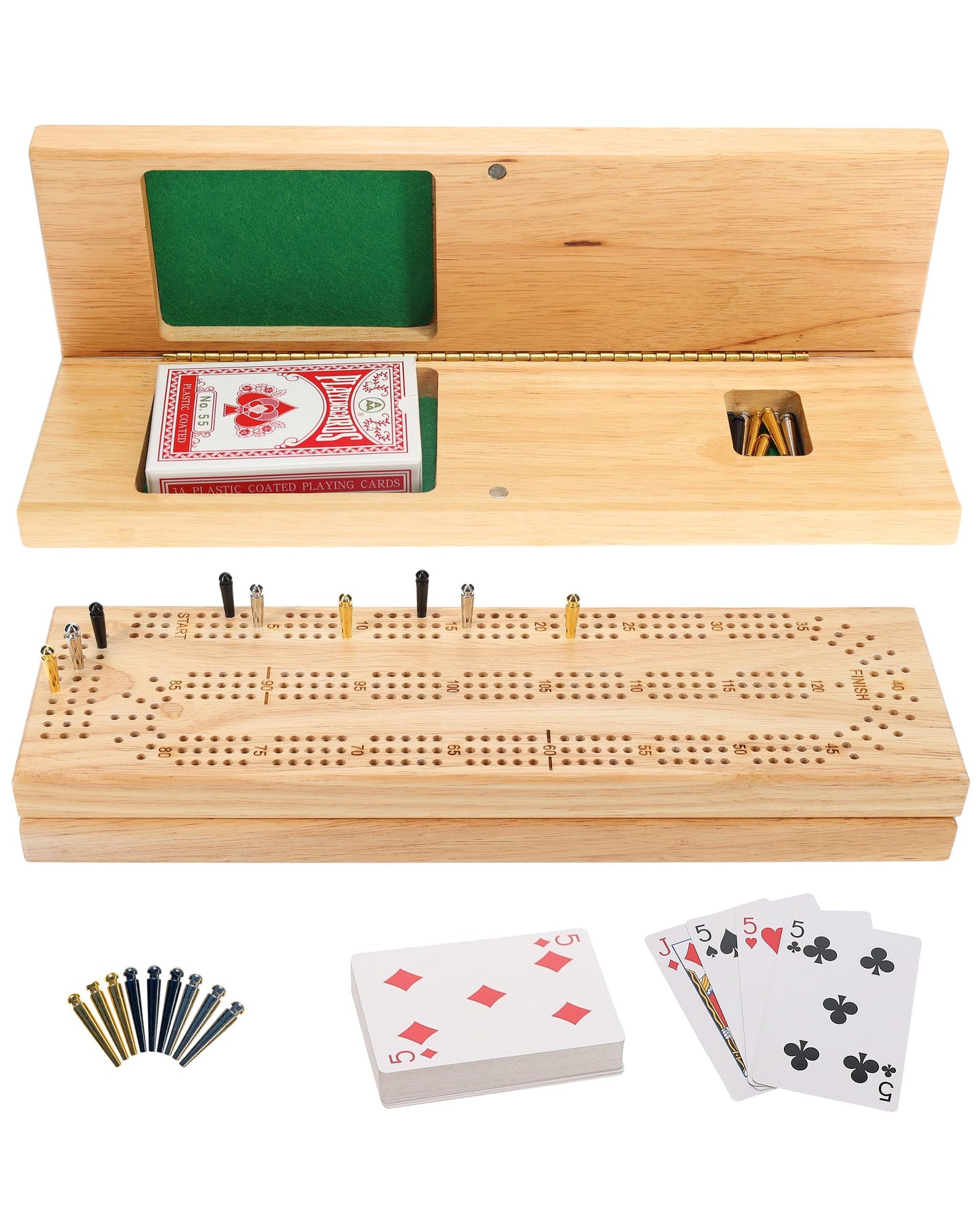 WE Games Wooden Cribbage Board Set — 3-Track Travel Cribbage with Card Storage