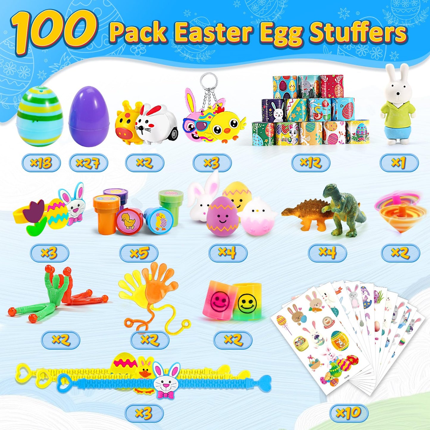WEARXI 100 PCS Prefilled Easter Eggs with Toys — 45 Eggs + 55 Fillers for Kids
