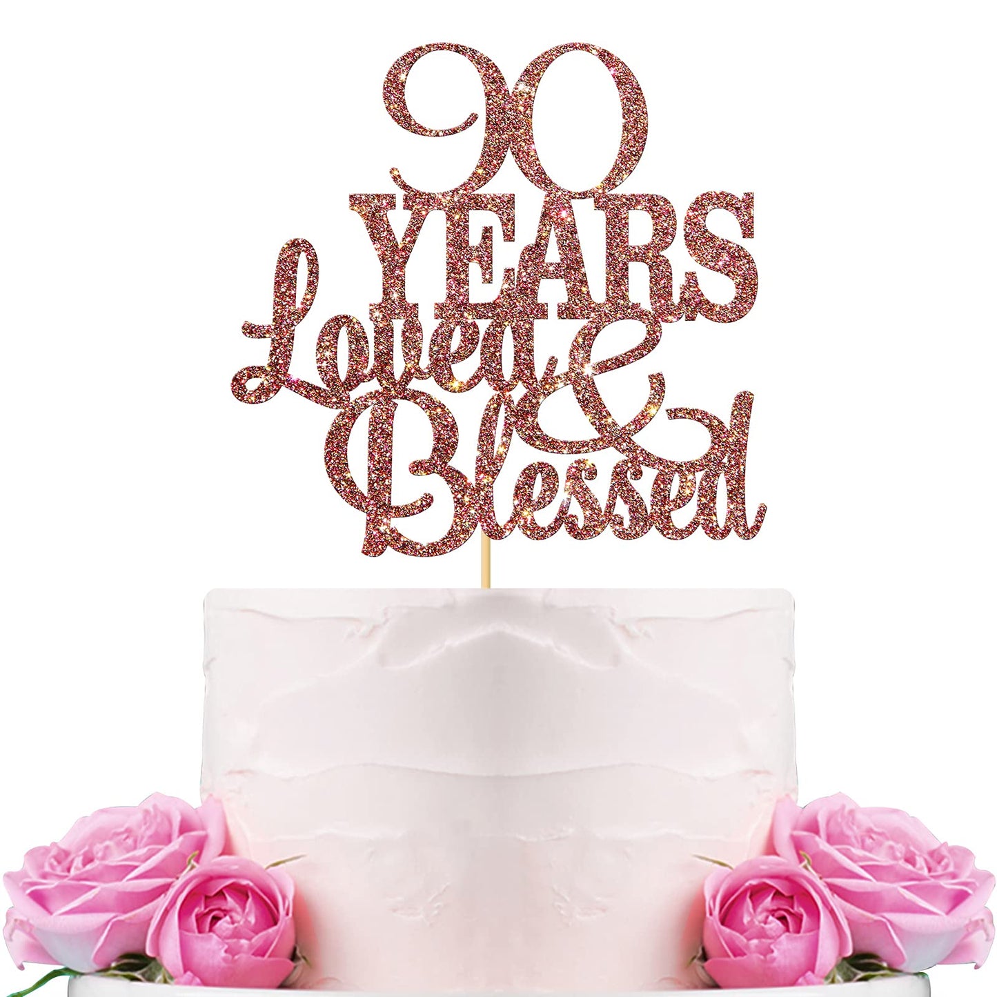 WeBenison 90th Birthday Cake Topper – Blessed & Loved, Rose Gold Glitter