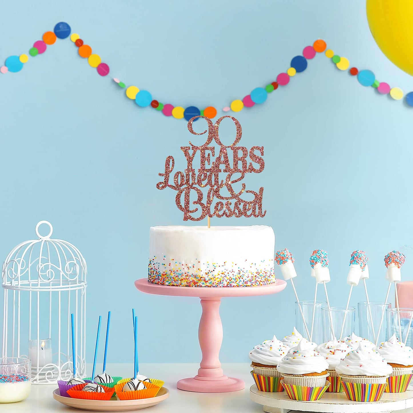 WeBenison 90th Birthday Cake Topper – Blessed & Loved, Rose Gold Glitter