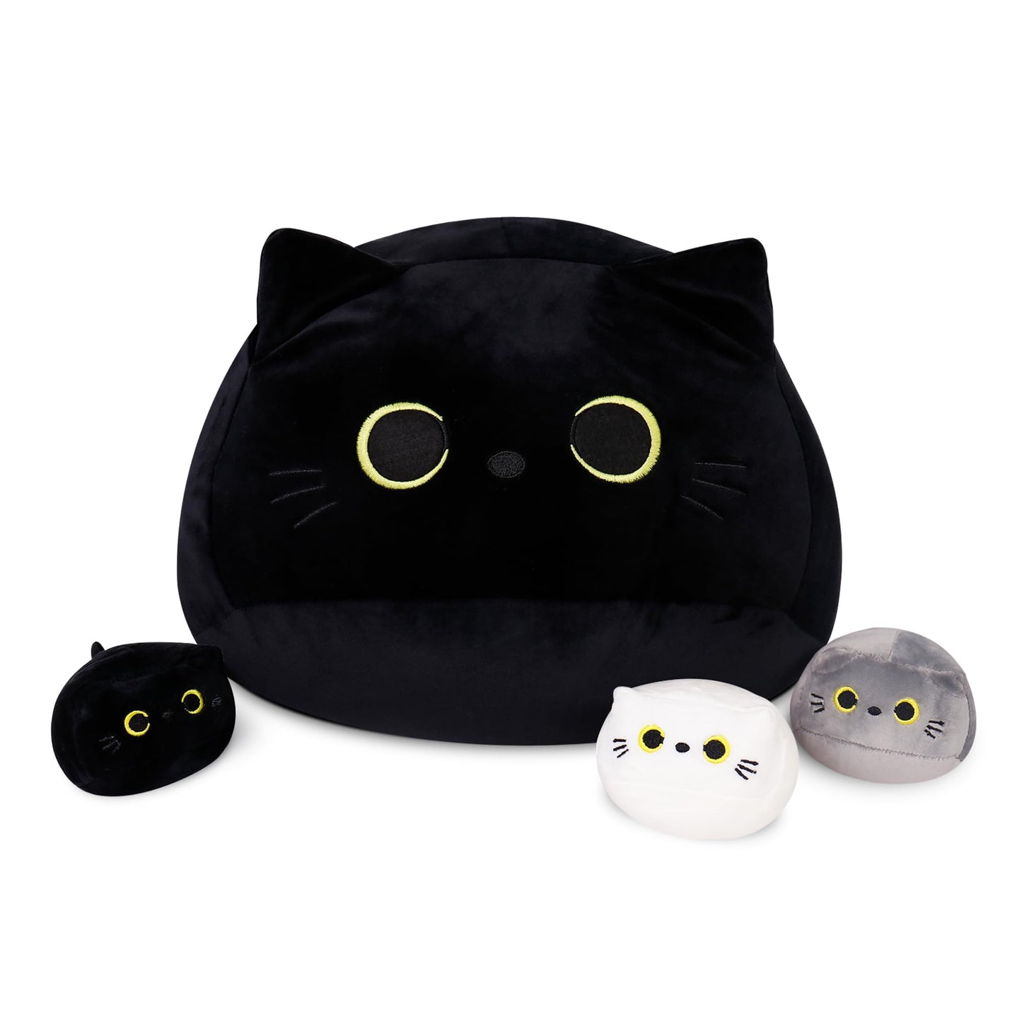WeBingo Black Cat Plush Toy 4-Piece Set – 16-Inch Giant Cat Stuffed Animals with 3 Babies