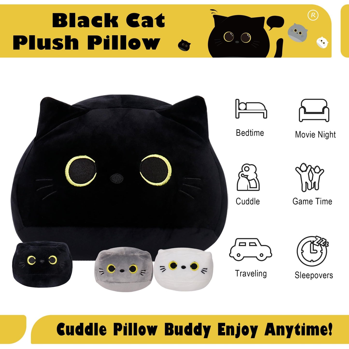 WeBingo Black Cat Plush Toy 4-Piece Set – 16-Inch Giant Cat Stuffed Animals with 3 Babies