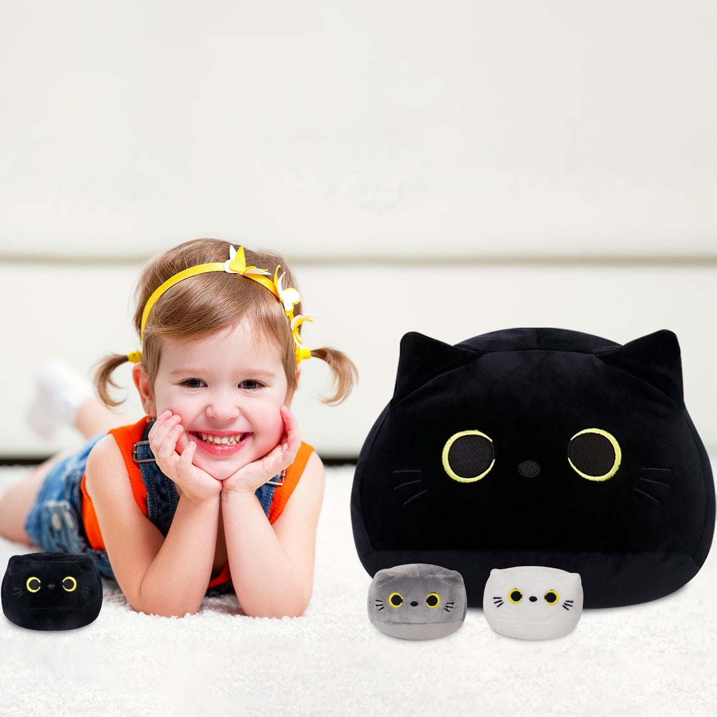 WeBingo Black Cat Plush Toy 4-Piece Set – 16-Inch Giant Cat Stuffed Animals with 3 Babies