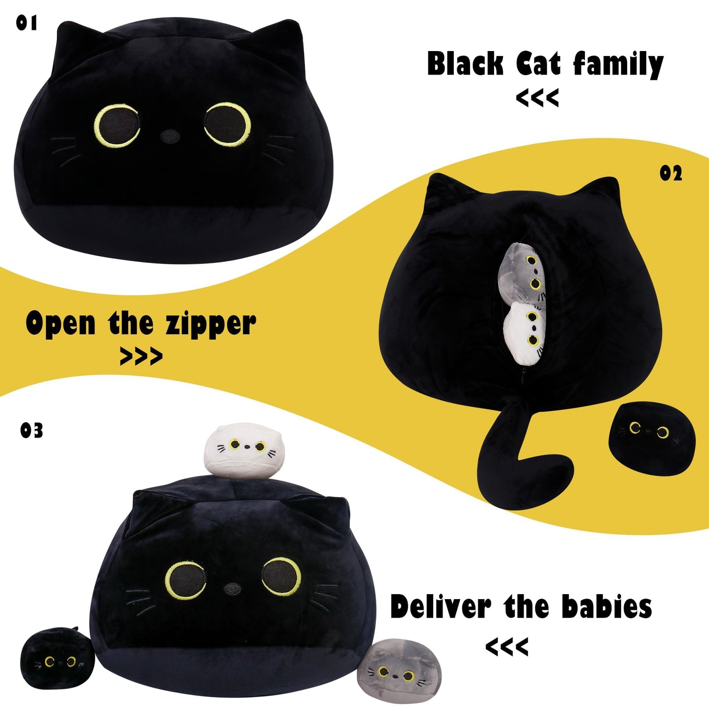 WeBingo Black Cat Plush Toy 4-Piece Set – 16-Inch Giant Cat Stuffed Animals with 3 Babies