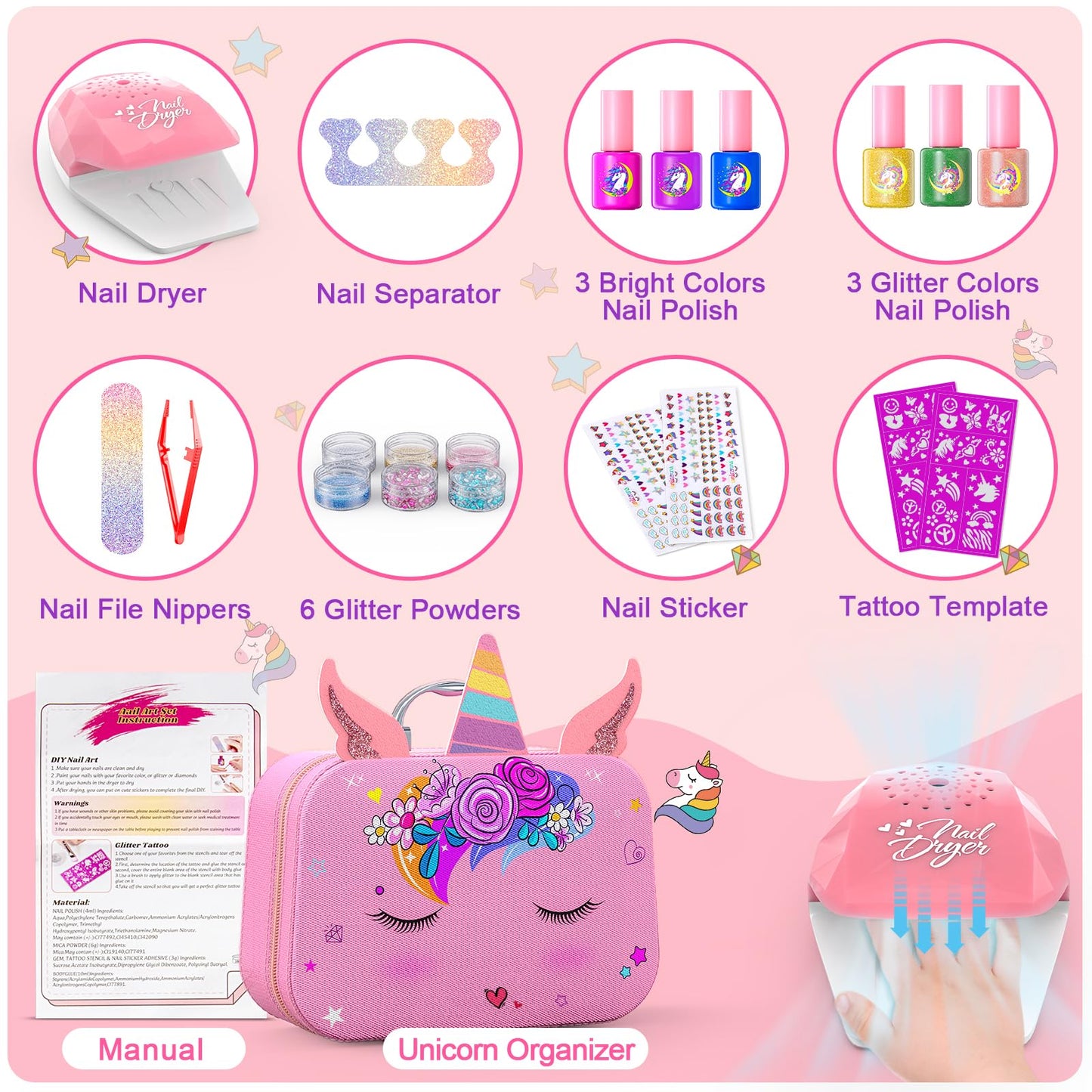 Websonaw Kids Nail Polish Set – Safe, Non-Toxic Kit with Dryer & DIY Stickers | Pink