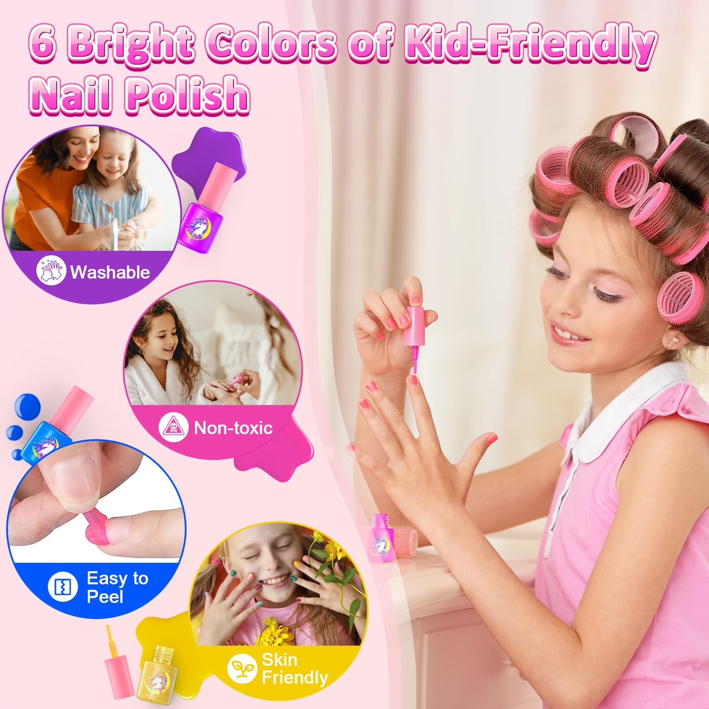 Websonaw Kids Nail Polish Set – Safe, Non-Toxic Kit with Dryer & DIY Stickers | Pink