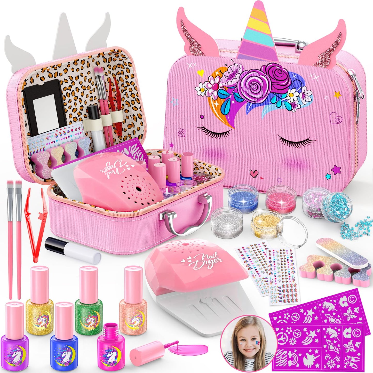 Websonaw Kids Nail Polish Set – Safe, Non-Toxic Kit with Dryer & DIY Stickers | Pink