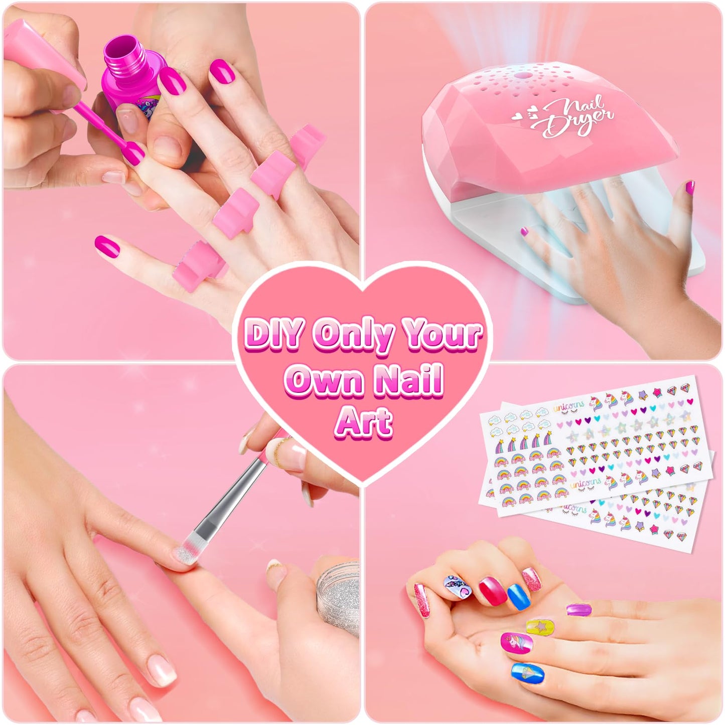 Websonaw Kids Nail Polish Set – Safe, Non-Toxic Kit with Dryer & DIY Stickers | Pink