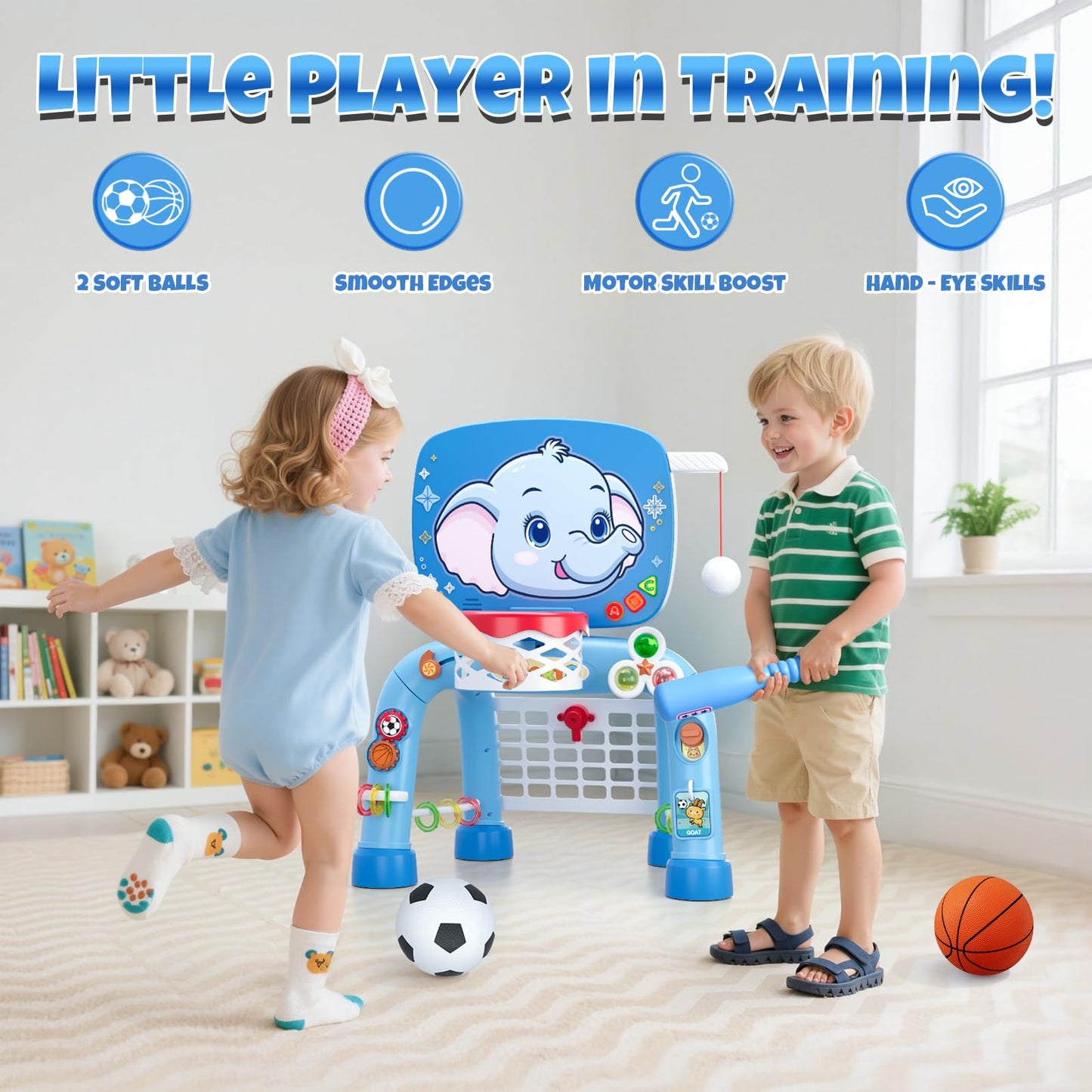 Wee Wonders 3-in-1 Toddler Sports Toy – Basketball Hoop, Soccer Goal & Musical Activity Center