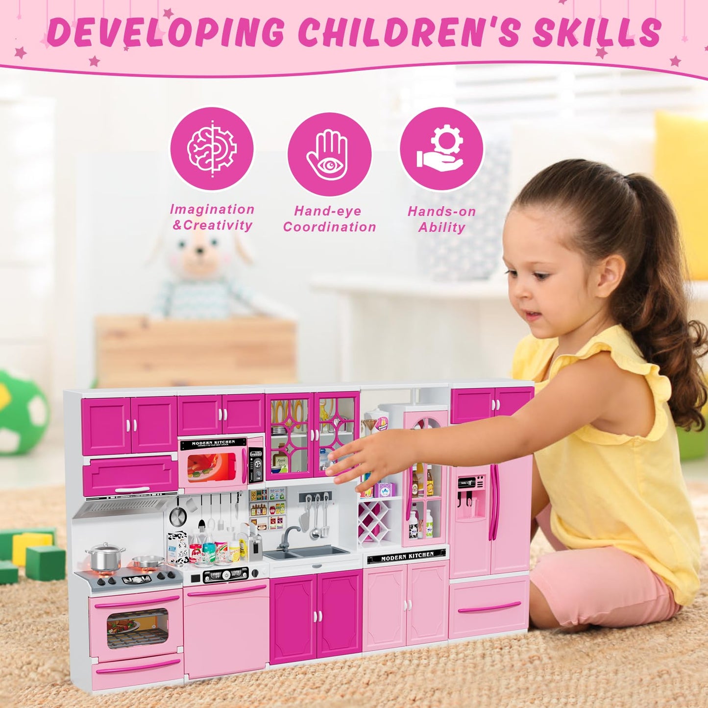 Wee Wonders 5-in-1 Kids Kitchen Playset with Realistic Lights & Sounds – Pink