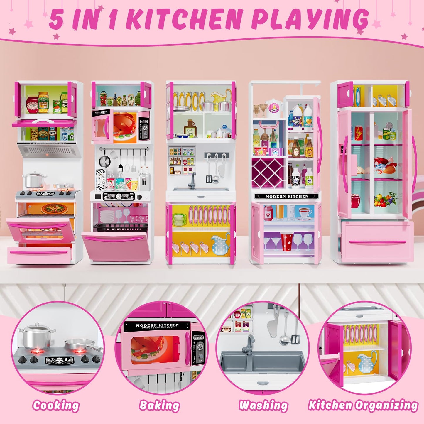 Wee Wonders 5-in-1 Kids Kitchen Playset with Realistic Lights & Sounds – Pink