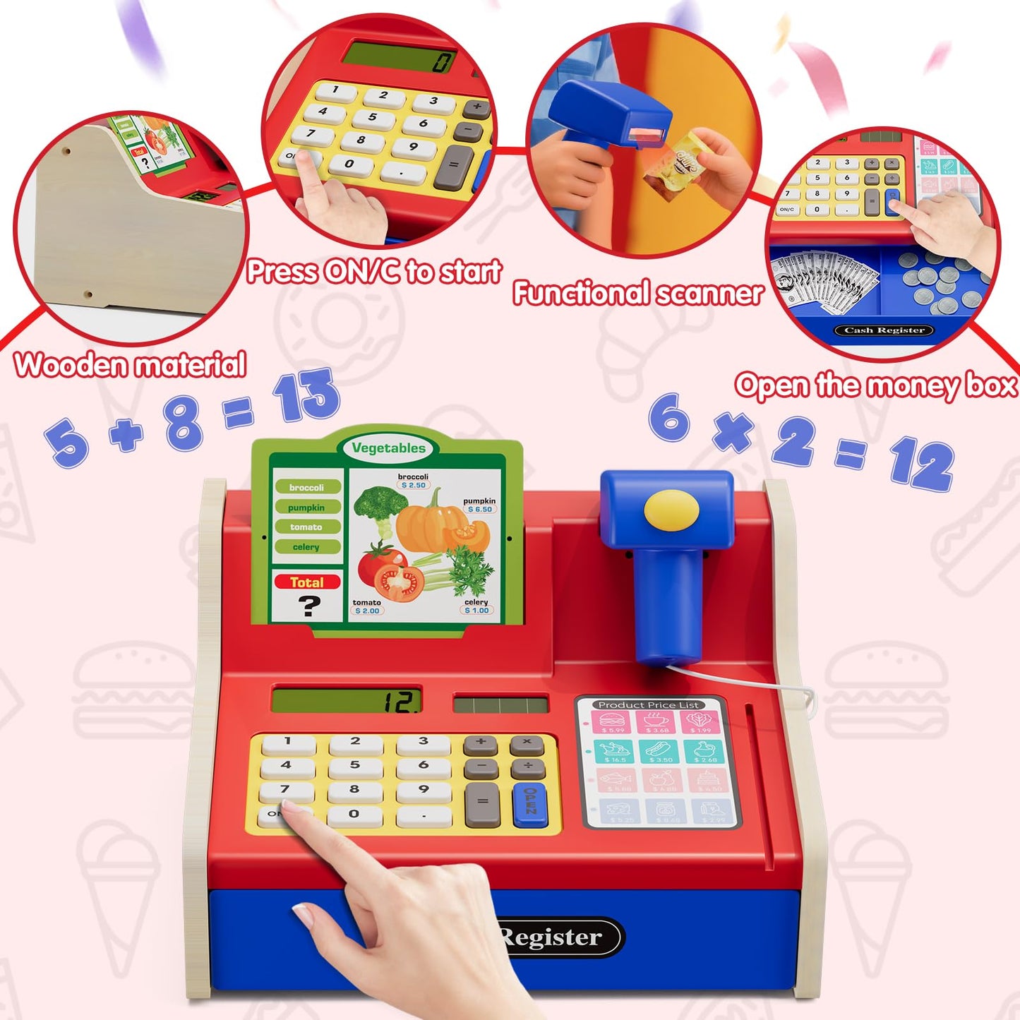 Wee Wonders Wooden Cash Register for Kids with Real Calculator – Rechargeable Toy with Scanner & Menu (Blue)