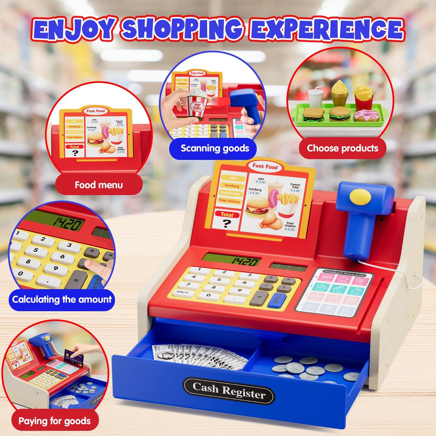 Wee Wonders Wooden Cash Register for Kids with Real Calculator – Rechargeable Toy with Scanner & Menu (Blue)
