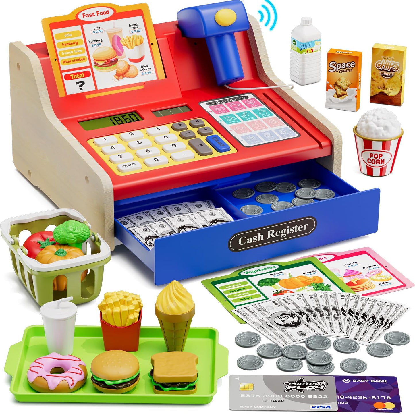 Wee Wonders Wooden Cash Register for Kids with Real Calculator – Rechargeable Toy with Scanner & Menu (Blue)