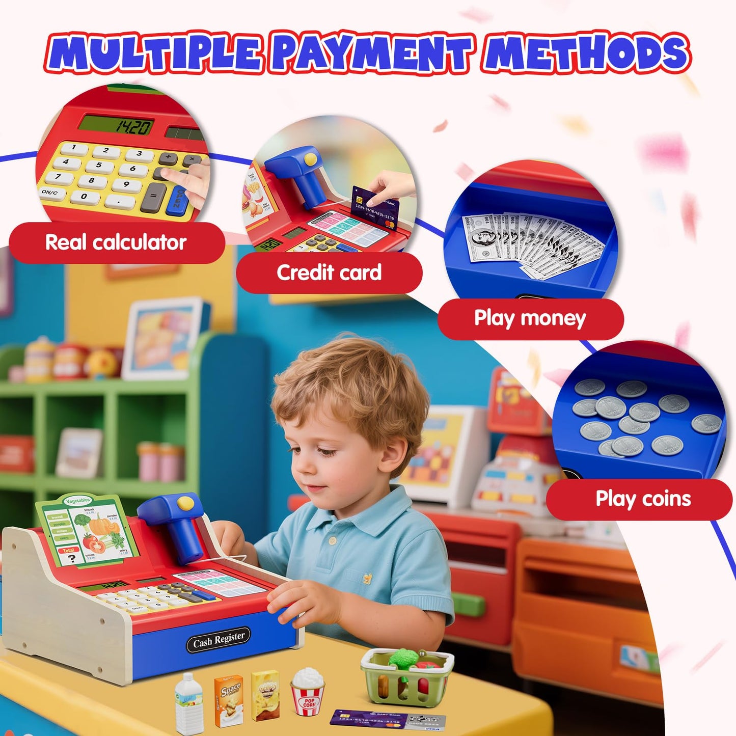 Wee Wonders Wooden Cash Register for Kids with Real Calculator – Rechargeable Toy with Scanner & Menu (Blue)