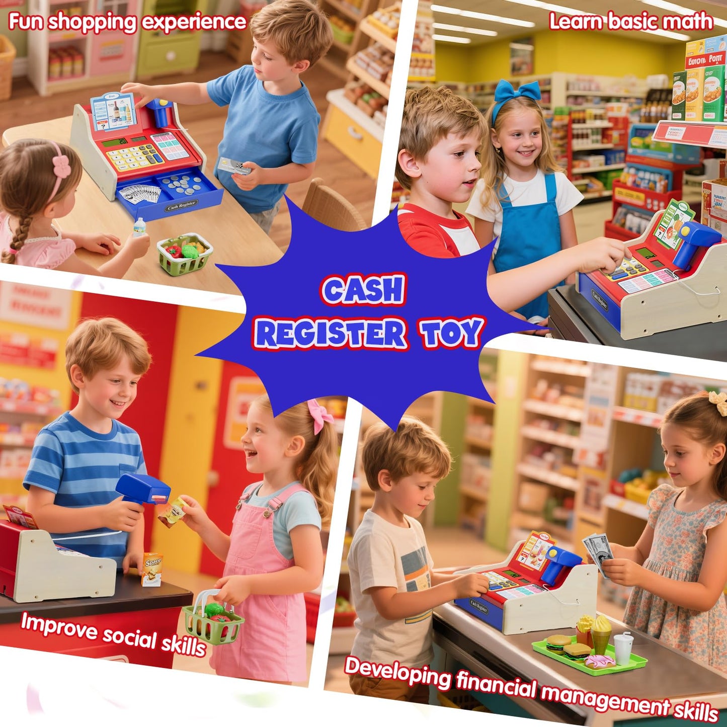 Wee Wonders Wooden Cash Register for Kids with Real Calculator – Rechargeable Toy with Scanner & Menu (Blue)